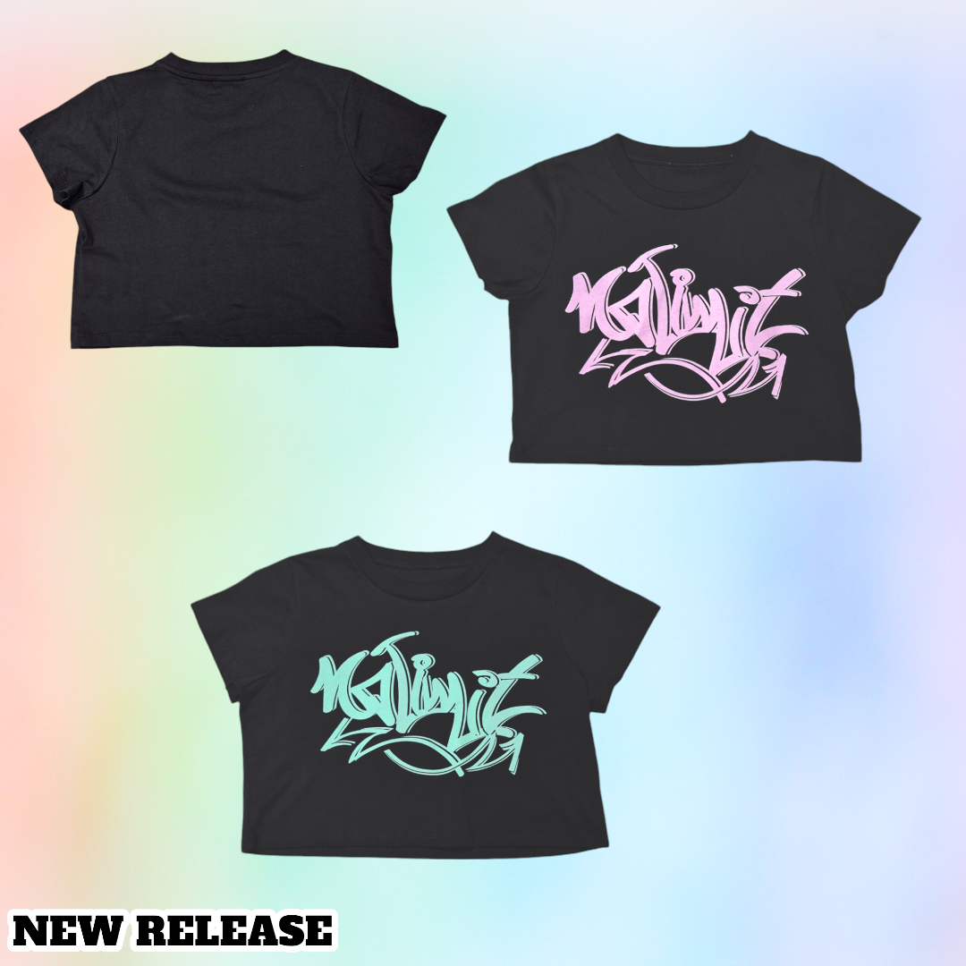 Women's Girls Black Cropped Graffiti Mint Logo T-shirts Sporty Gym wear