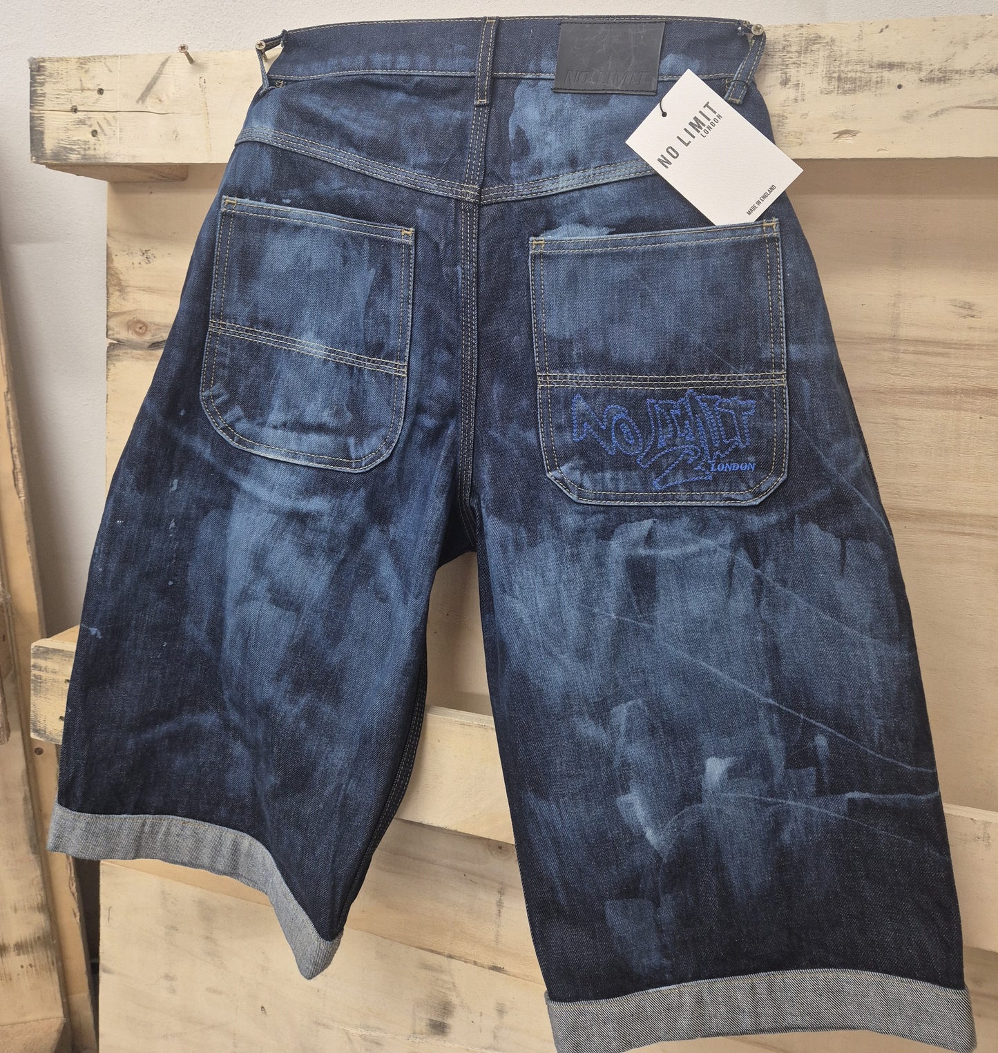Men's Denim Shorts Bleached 3 Quarter Length No Limit London Logo  - 128 S