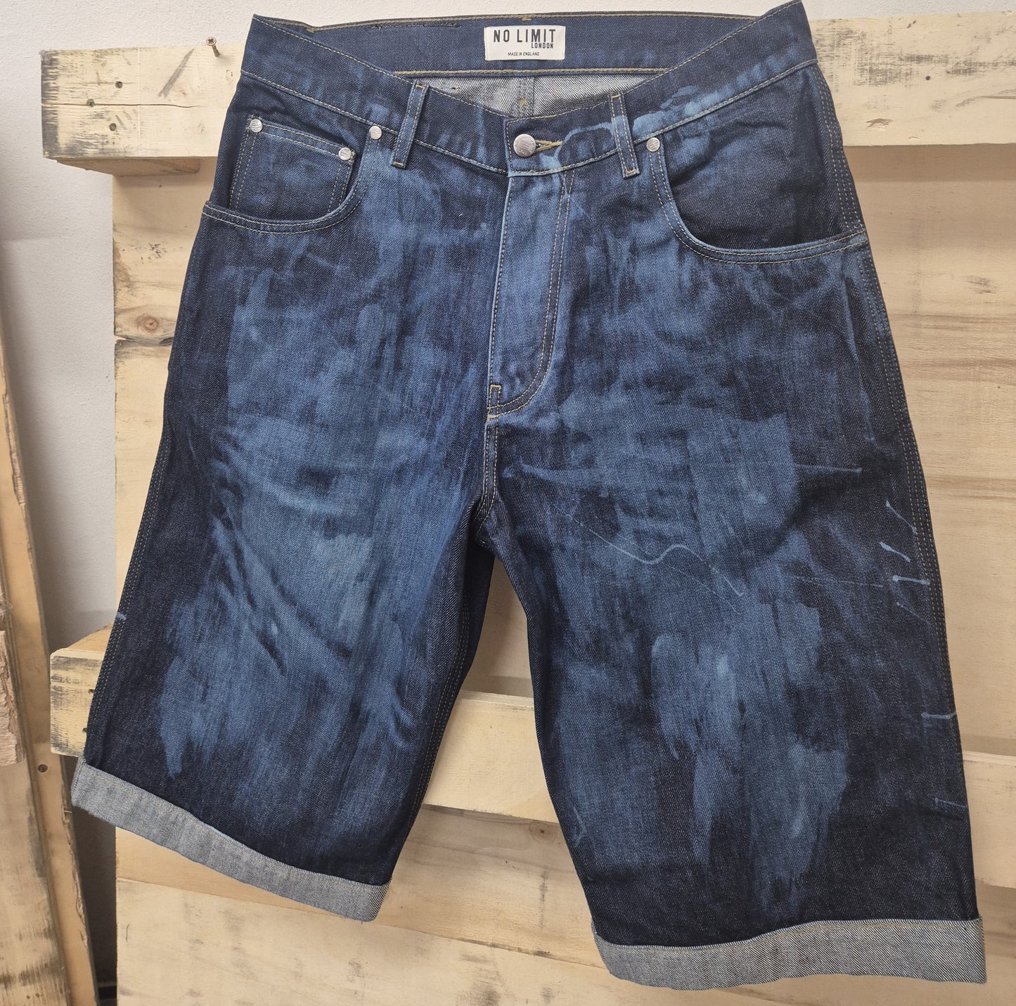Men's Denim Shorts Bleached 3 Quarter Length No Limit London Logo  - 128 S