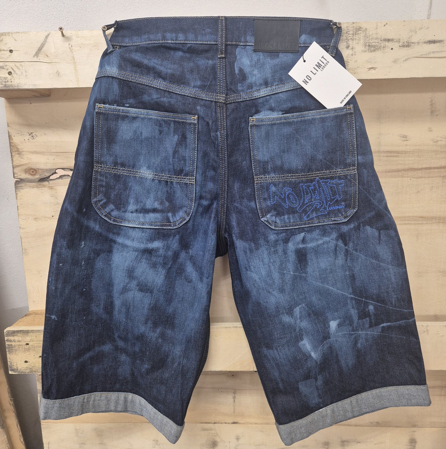 Men's Denim Shorts Bleached 3 Quarter Length No Limit London Logo  - 128 S