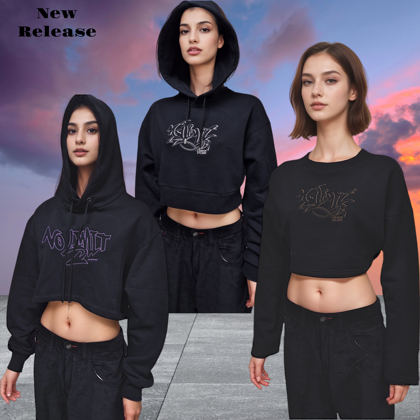 Women' Gym Black Cropped Hoodie Purple Chain Embroidery