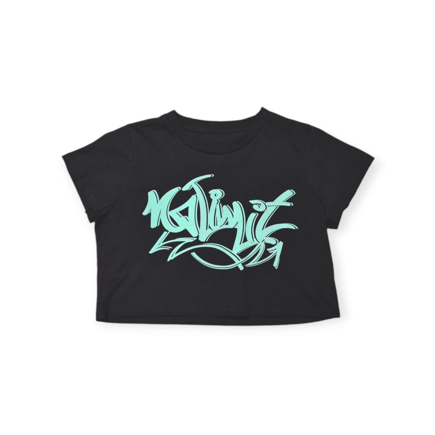 Women's Girls Black Cropped Graffiti Mint Logo T-shirts Sporty Gym wear