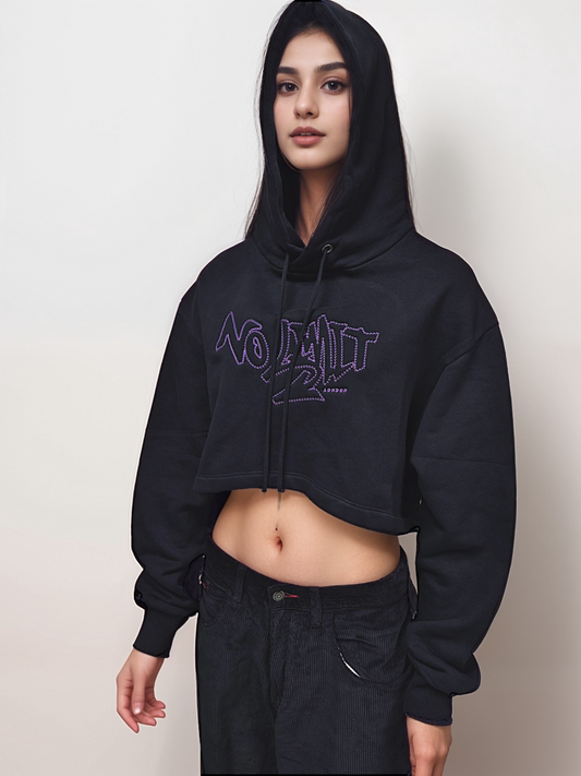 Women' Gym Black Cropped Hoodie Purple Chain Embroidery